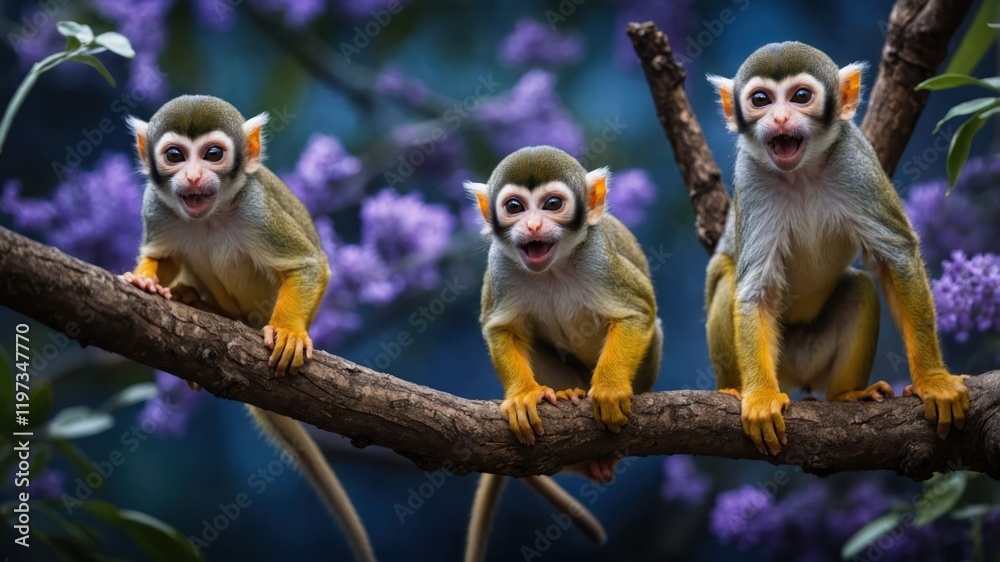 Three playful monkeys sitting on a branch surrounded by vibrant purple flowers. Three playful monkeys sitting on a branch surrounded by vibrant purple flowers.