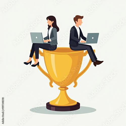A businessman and a businesswoman sitting on trophies, each holding a laptop, showing analysis and evaluation of business performance to become the best in their respective fields. Vector illustration