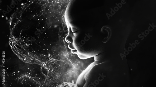 Ethereal Portrait of a Peaceful Baby enshrouded in Soft Light and Gentle Smoke, Capturing the Essence of Innocence and Tranquility in a Dreamlike Atmosphere photo