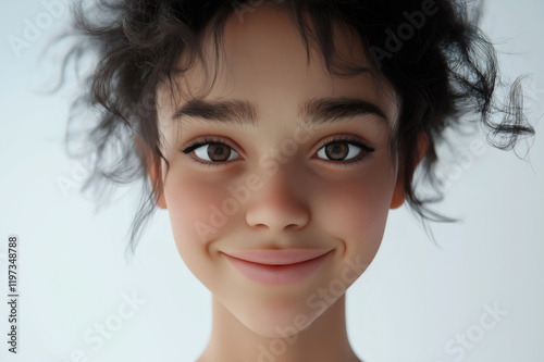 3d art of a smiling young girl with curly hair and beaming expression on a white background photo