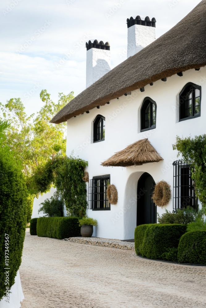 Fototapeta premium Beautiful white house with thatched roof surrounded by lush greenery and stone pathway in a serene countryside setting under a clear sky