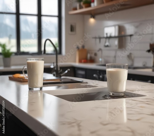 Wallpaper Mural A steaming cup of coffee next to a glass of fresh milk on a modern kitchen counter with a sleek and shiny sink nearby, dairy, morning Torontodigital.ca