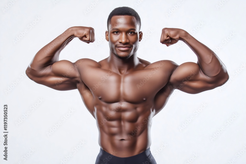 Fototapeta premium Young African American athlete showing his perfect trained body, flexing his biceps in studio shot on white background