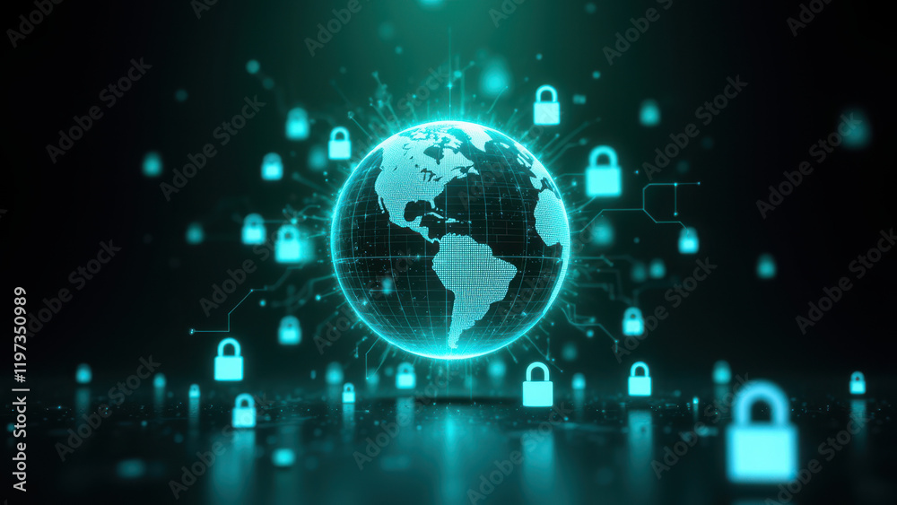 A digital illustration depicting global cybersecurity with a stylized Earth and various internet security elements. A digital illustration depicting global cybersecurity with a stylized Earth and various internet security elements.