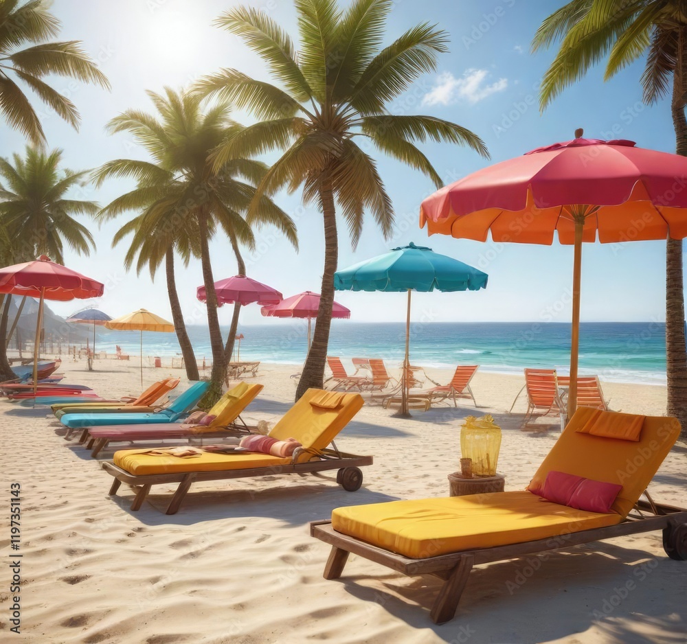 A beautiful beach scene with colorful beach umbrellas and sun loungers, recreational, Mexico A beautiful beach scene with colorful beach umbrellas and sun loungers, recreational, Mexico