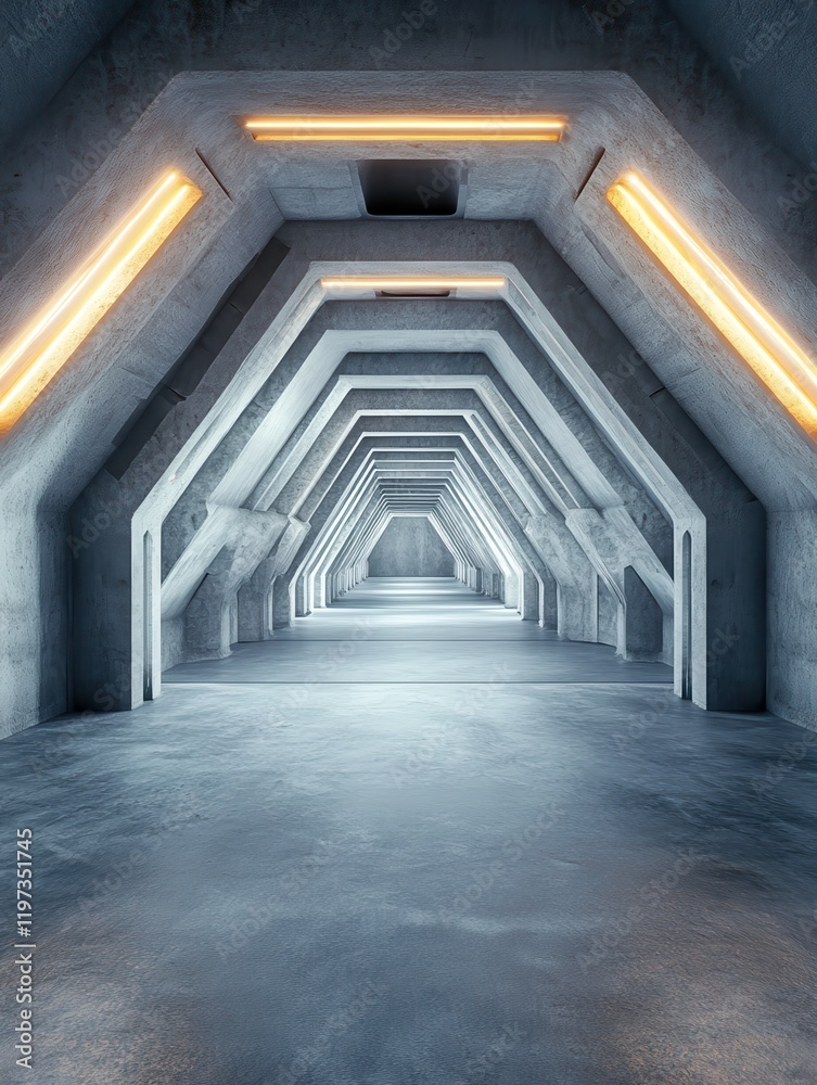 Fototapeta premium Futuristic concrete space ship interior with light. Abstract tunnel. Future and design concept. 3D Rendering
