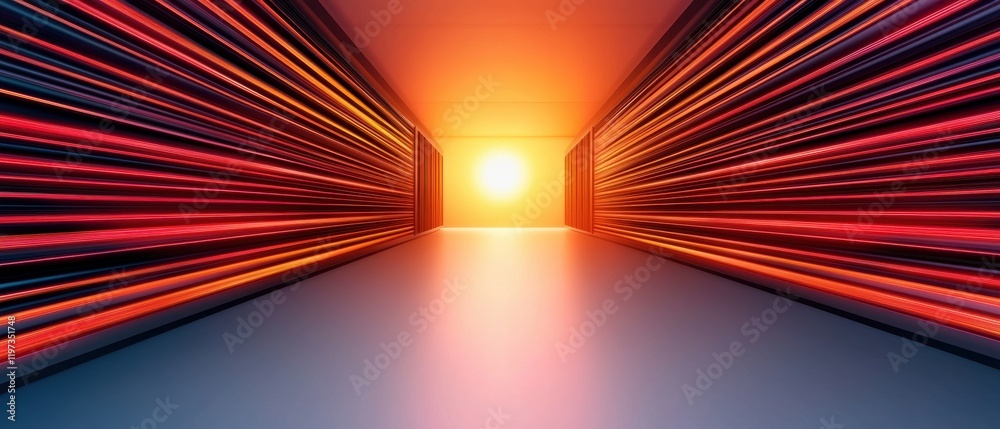 Fototapeta premium A vibrant corridor illuminated by a glowing sunset, featuring dynamic, colorful lines that create a sense of depth and movement.