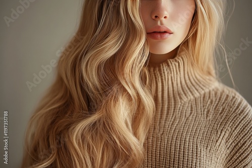 Portrait of a young woman with flowing blonde hair wearing a cozy knit sweate...