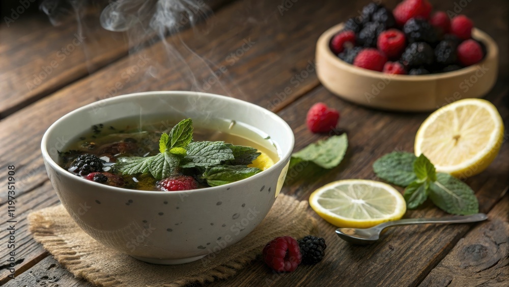 A steaming hot bowl of green tea with a fragrant mix of wild berries and fresh mint leaves garnished with slices of lemon on a rustic wooden table, bowl, earthy A steaming hot bowl of green tea with a fragrant mix of wild berries and fresh mint leaves garnished with slices of lemon on a rustic wooden table, bowl, earthy
