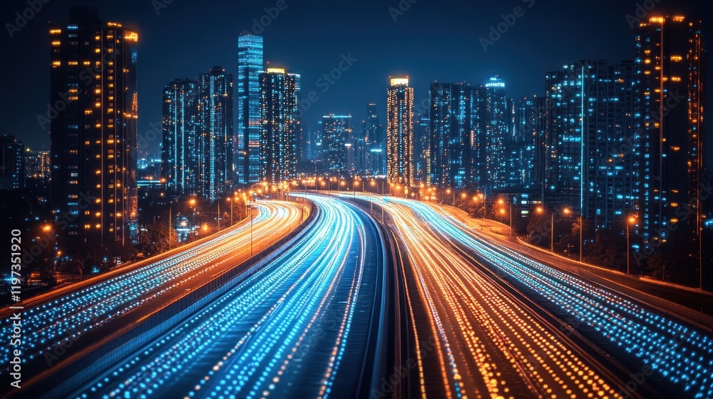 Obraz premium Night city highway light trails, urban backdrop