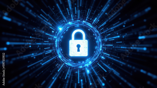 Wallpaper Mural Cybersecurity digital lock logo graphic with abstract light rays representing connectivity and data flow. Torontodigital.ca