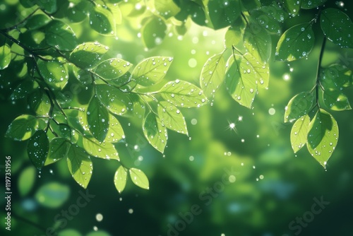 Raindrops glisten on lush green leaves in a vibrant forest during a sunny aft...