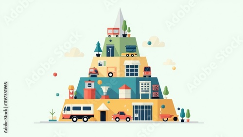Colorful tiny houses stacked in a pyramid shape with cars and trees around, illustrating community living, urban lifestyle, real estate concept, perfect for presentations and websites, minimalistic b