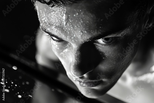Intense close-up of a swimmer focusing before the dive in a training session ...