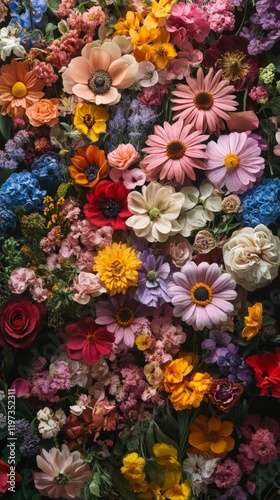 Vibrant assortment of flowers showcasing various colors and shapes in a creat...