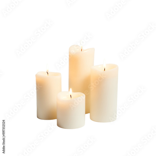 four lit ivory candles arranged on a white background