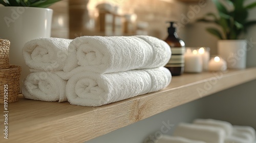 Cozy spa setting with neatly stacked towels and lush greenery in a serene env...