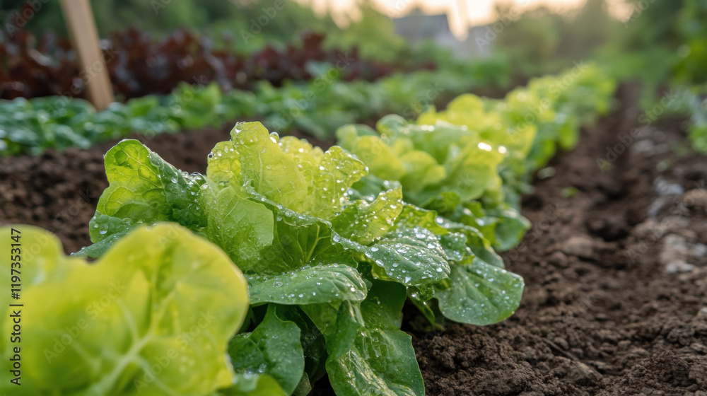 Fresh Green Lettuce Rows With Water Droplets in a Vegetable Garden at Sunset, Showcasing Organic Farming and Healthy Living in a Serene Outdoor Setting Fresh Green Lettuce Rows With Water Droplets in a Vegetable Garden at Sunset, Showcasing Organic Farming and Healthy Living in a Serene Outdoor Setting