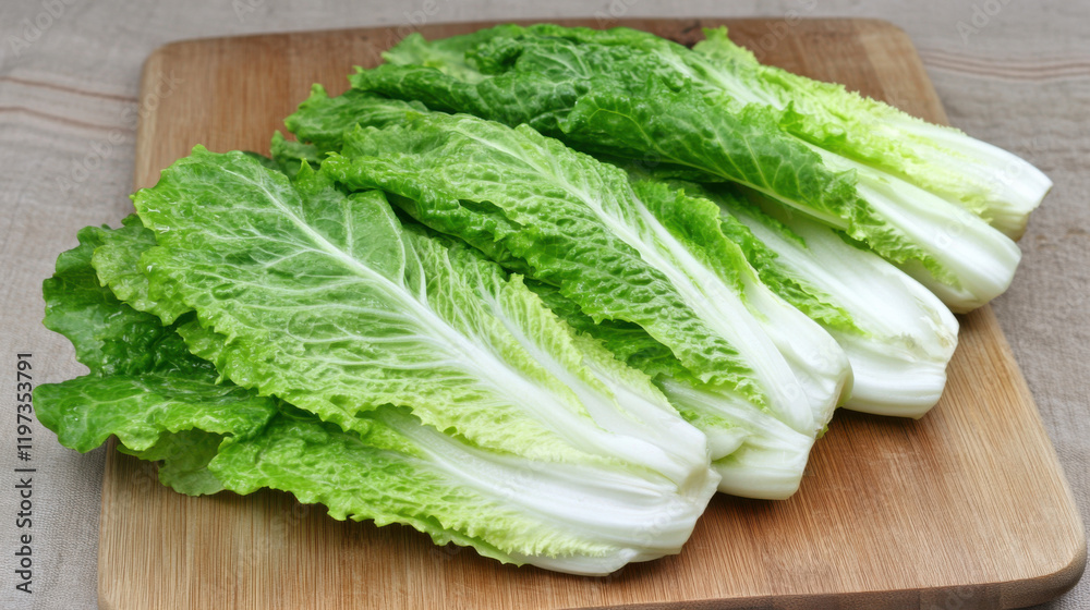 Fresh and Crisp Romaine Lettuce Leaves Arranged Neatly on a Wooden Cutting Board Ready for Preparation in a Healthy Meal Fresh and Crisp Romaine Lettuce Leaves Arranged Neatly on a Wooden Cutting Board Ready for Preparation in a Healthy Meal