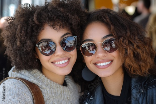 Friends enjoying a sunny day outdoors with stylish sunglasses and bright smil...