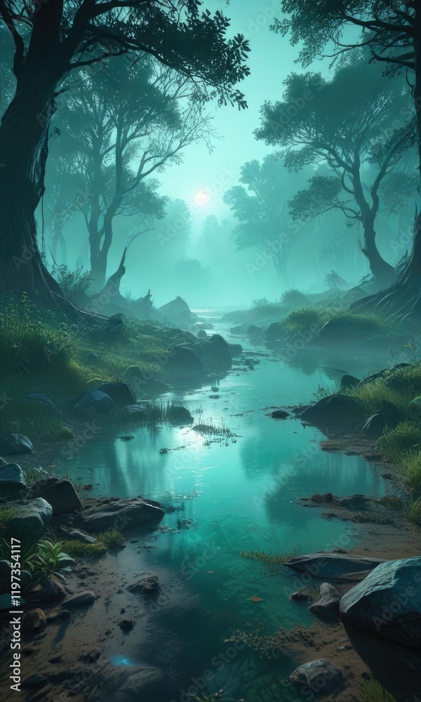 Obraz premium A teal mist rises from the ground, shrouding everything in a soft blue-green veil, mysterious terrain, blurred landscape
