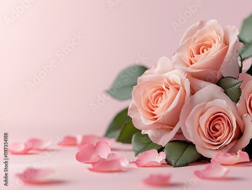 A joyful scene of roses and petals, embodying Valentine's Day celebration and delight Pink roses, scattered petals, romantic setting, love, affection, Valentine's Day image, beautiful flowers, floral