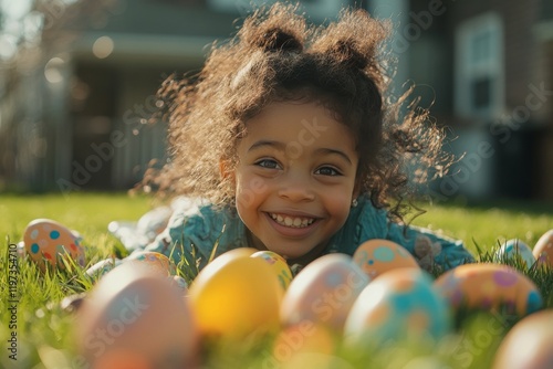 Joyful child playing in the grass surrounded by colorful Easter eggs during a...