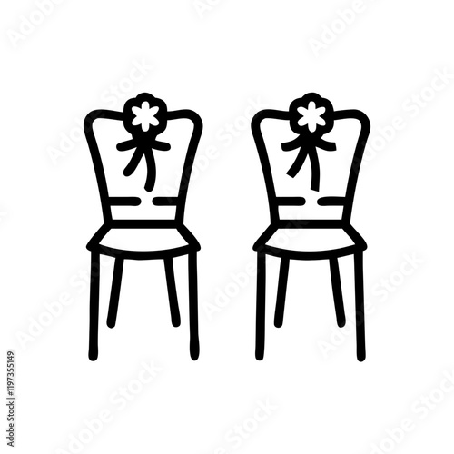 Two decorated chairs with floral design in line art.