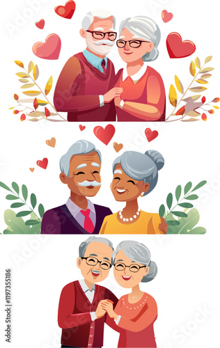 Conjunto de parejas de ancianos dándose muestras de cariño, amor y afecto. San Valentín, pasión, felicidad, tercera edad