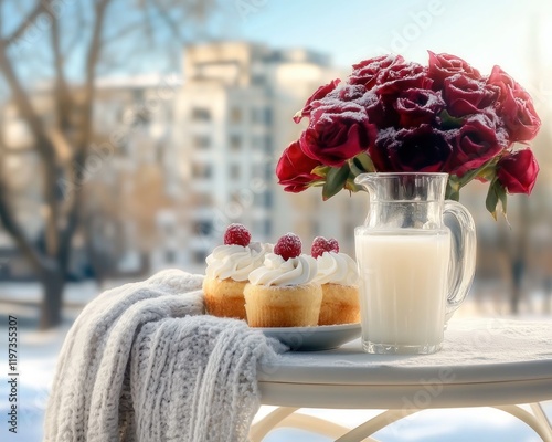 A romantic Valentine's Day dessert arrangement celebrating love with elegance and affection Whipped cream cupcakes, red roses, and a pitcher of milk create a delightful winter scene perfect for a photo