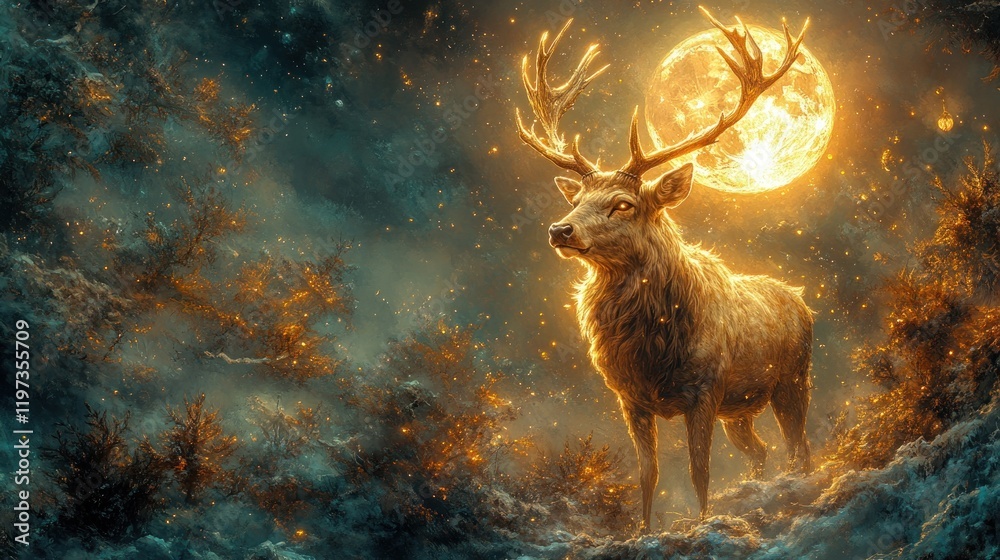 Fototapeta premium Majestic stag silhouetted against a glowing full moon in a mystical winter forest.