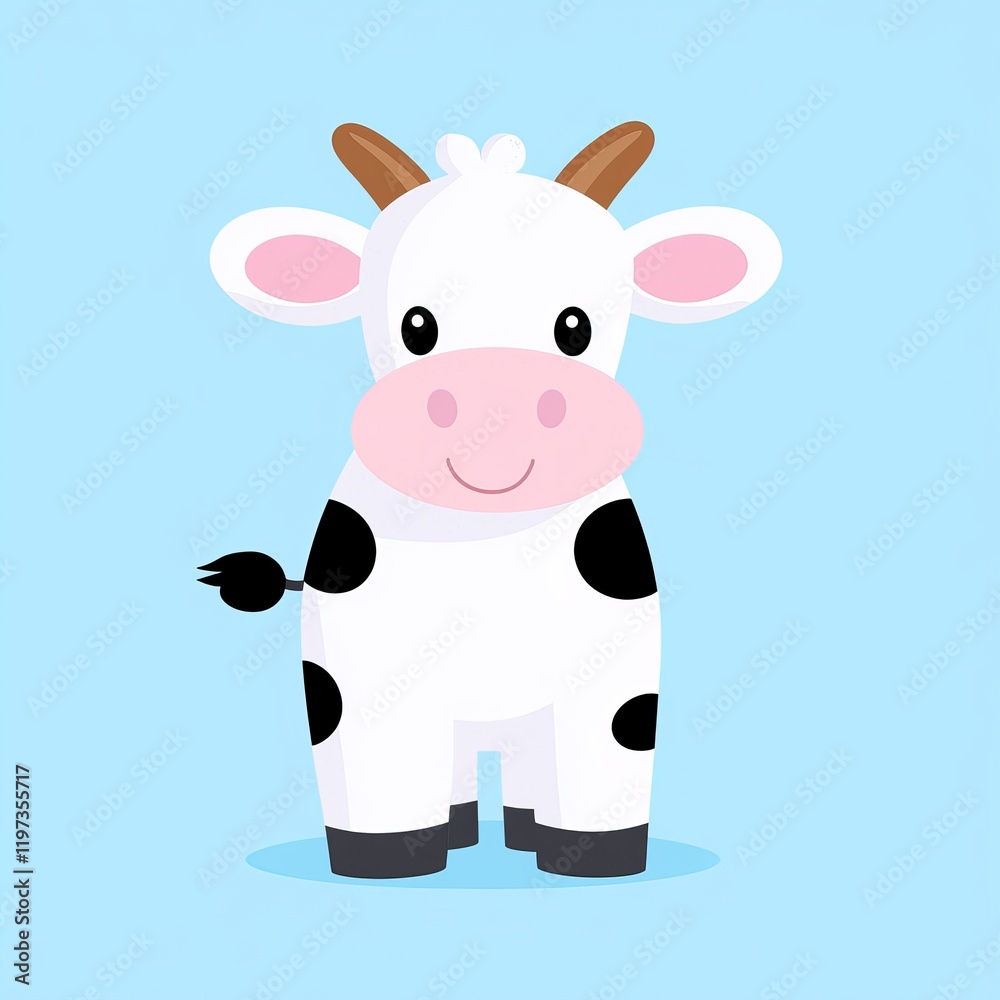 A cartoon cow with a charming pink nose stands against a bright blue background, depicted in a simple and modern minimalist style. A cartoon cow with a charming pink nose stands against a bright blue background, depicted in a simple and modern minimalist style.