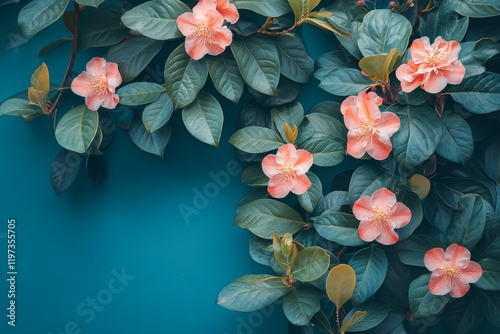 Pink flowers blooming against a teal background showcasing vibrant natural be...