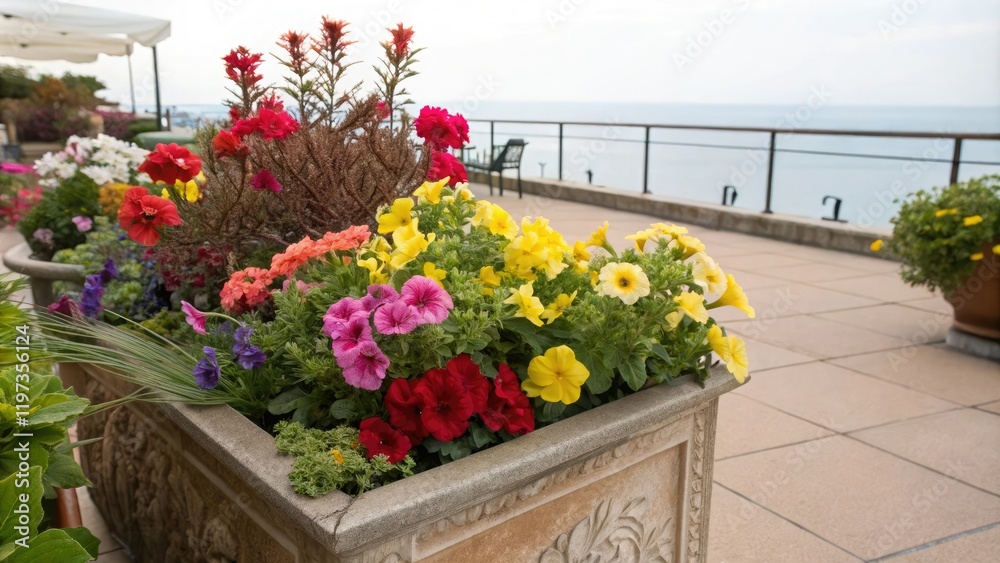 Fototapeta premium A vibrant display of colorful flowers in a garden planter on the patio, planters,
