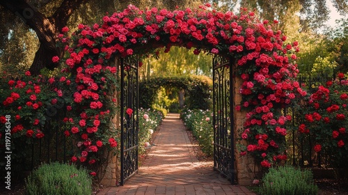 Charming garden pathway framed by blooming roses and wrought iron gate in a s...