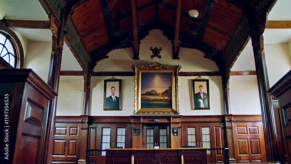 courtroom desk with portrait of Louis Riel symbolizing justice and history.solemn legal setting with cultural significance.tribute to historical leadership through judicial space courtroom desk with portrait of Louis Riel symbolizing justice and history.solemn legal setting with cultural significance.tribute to historical leadership through judicial space