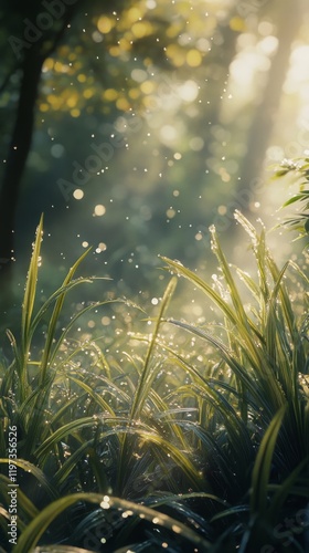 Morning sunlight illuminates dew-covered grass in a serene winter landscape