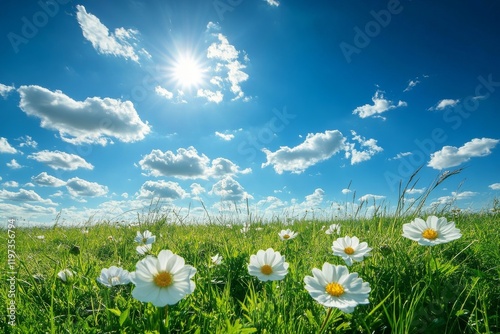 Bright sunny day with blooming daisies in a green field under a blue sky fill...