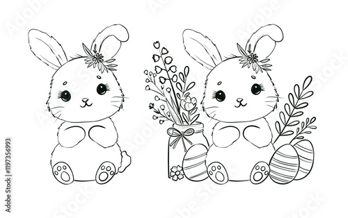 Wallpaper Mural Cute Easter Bunny Coloring Page with Eggs and Flowers for Kids Torontodigital.ca