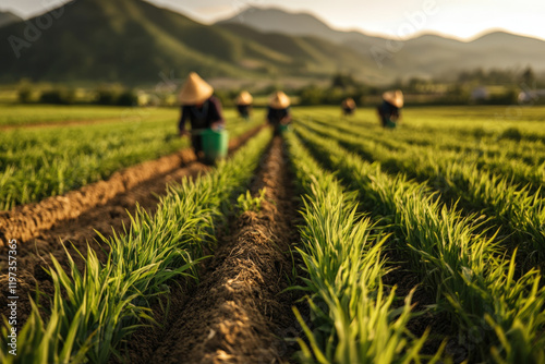 A serene rice field scene with farmers working in rows of green crops, mountains in the background capturing the essence of agriculture and nature.