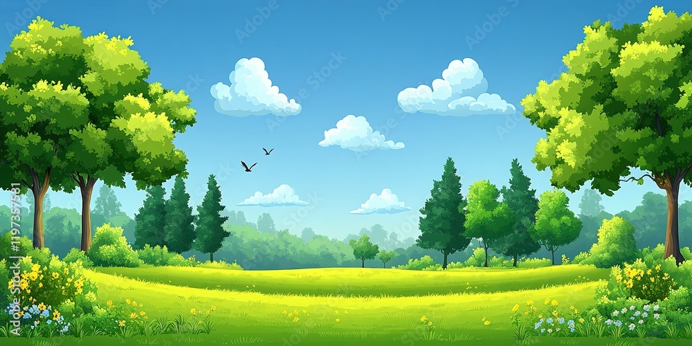 Fototapeta premium Vibrant green landscape with trees and blue sky filled with fluffy clouds on a sunny day