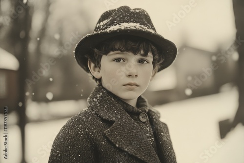 Snowy day portrait of a young boy wearing a hat and winter coat in a natural ...