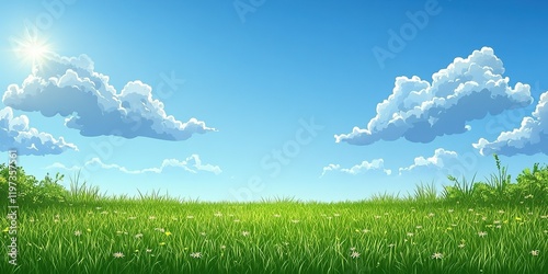 Clear blue sky with fluffy clouds over a vibrant green meadow filled with wildflowers under bright sunlight