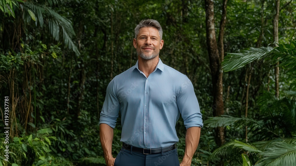 Man in Blue Shirt and Pants Standing Among Tall Green Trees in Lush Forest Environment Reflecting Calmness and Connection with Nature Surroundings Man in Blue Shirt and Pants Standing Among Tall Green Trees in Lush Forest Environment Reflecting Calmness and Connection with Nature Surroundings