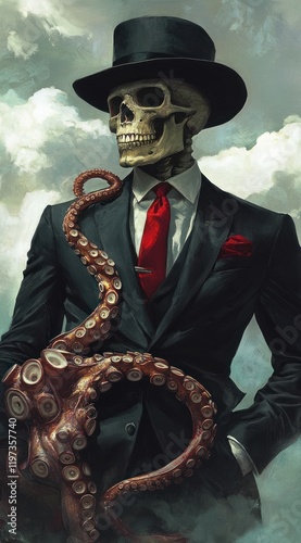 Dapper Skeleton, Octopus, Cloudy Sky, Portrait, Art photo