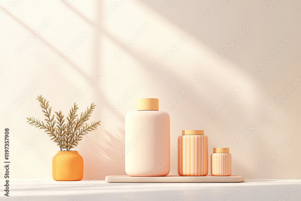A minimalist display featuring soft pastel containers and a small potted plant, creating a serene, modern aesthetic. A minimalist display featuring soft pastel containers and a small potted plant, creating a serene, modern aesthetic.