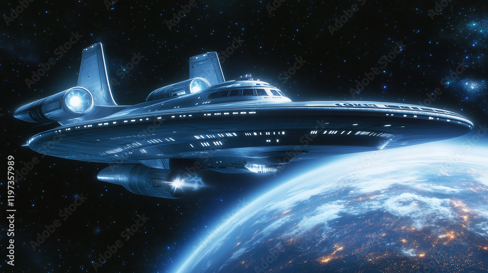 Sleek starship docked in orbit above a vibrant Earth during a peaceful cosmic evening Sleek starship docked in orbit above a vibrant Earth during a peaceful cosmic evening