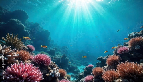 Wallpaper Mural Vibrant Underwater Coral Reef Scene: Sunbeams Illuminate a Lush Ecosystem Torontodigital.ca