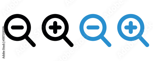 Zoom in and zoom out icon vector set, zoom in and zoom out icon button vector set isolated on white background.