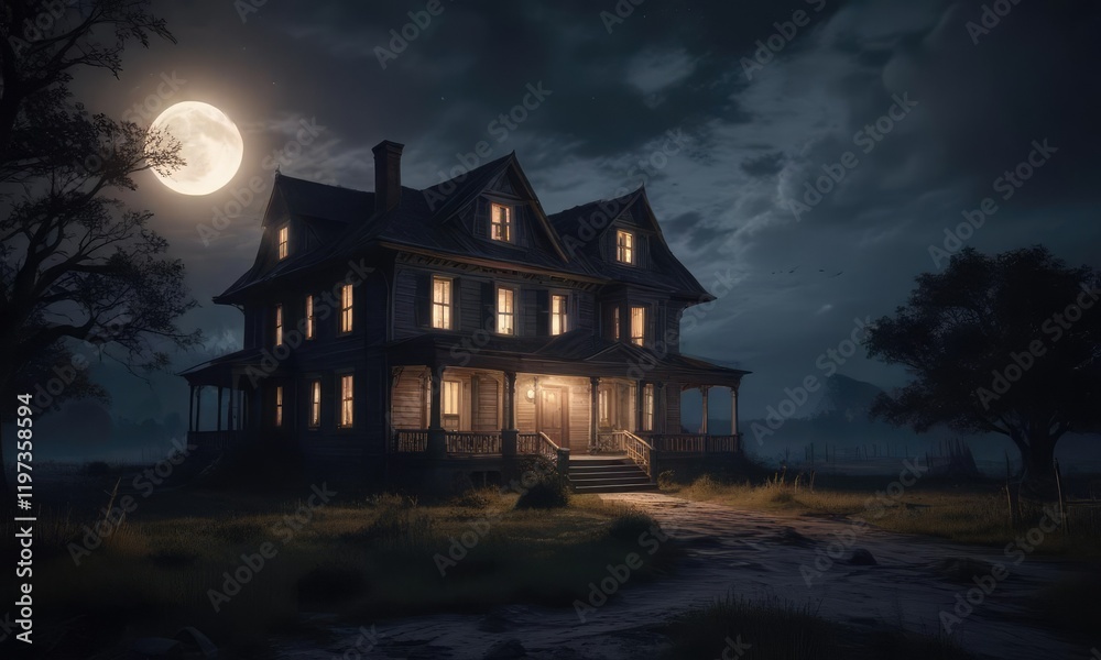 Abandoned house at night with a glowing full moon and creepy ambiance, abandoned house, night Abandoned house at night with a glowing full moon and creepy ambiance, abandoned house, night